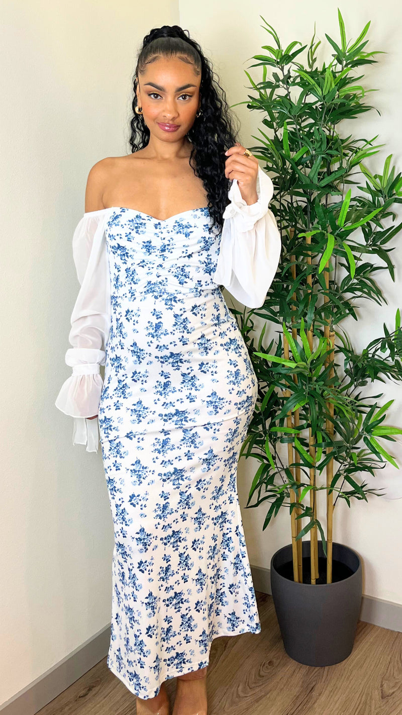 Sheer Sleeve Floral Midi Dress