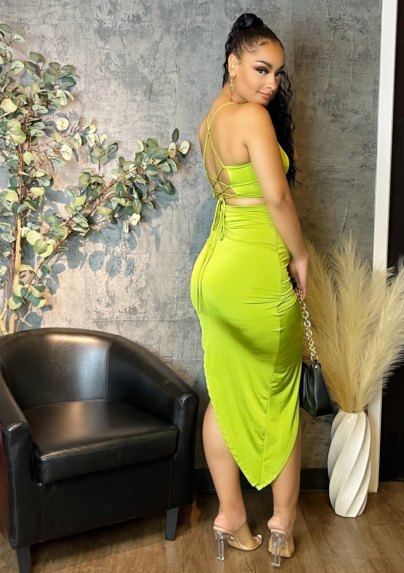 Cropped Top Front Slit Skirt Set (Green Apple)
