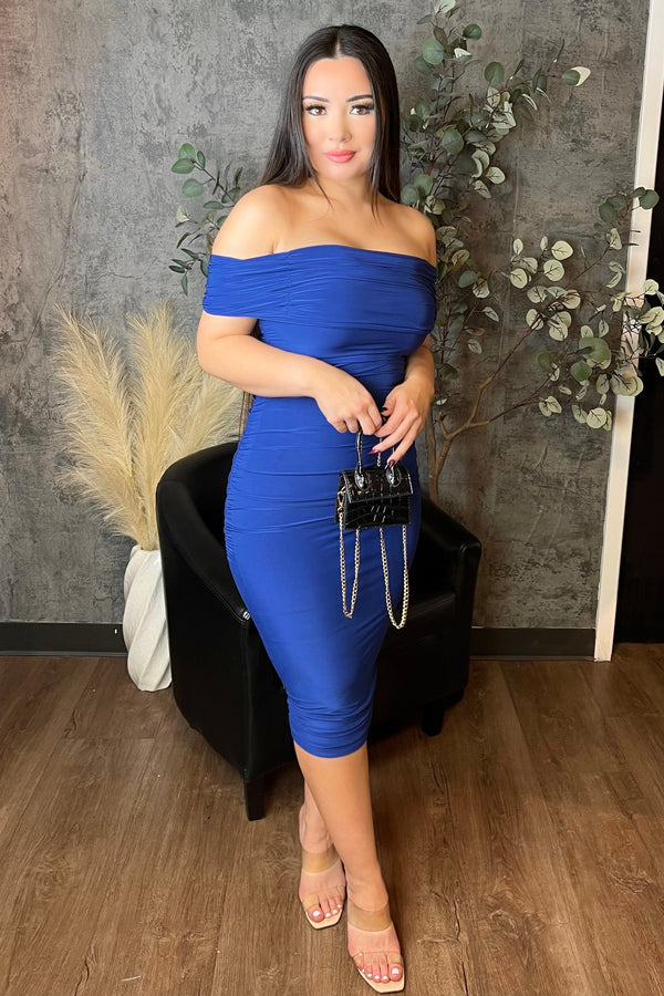 Ruched Off-The Shoulder Midi Dress (Royal Blue)