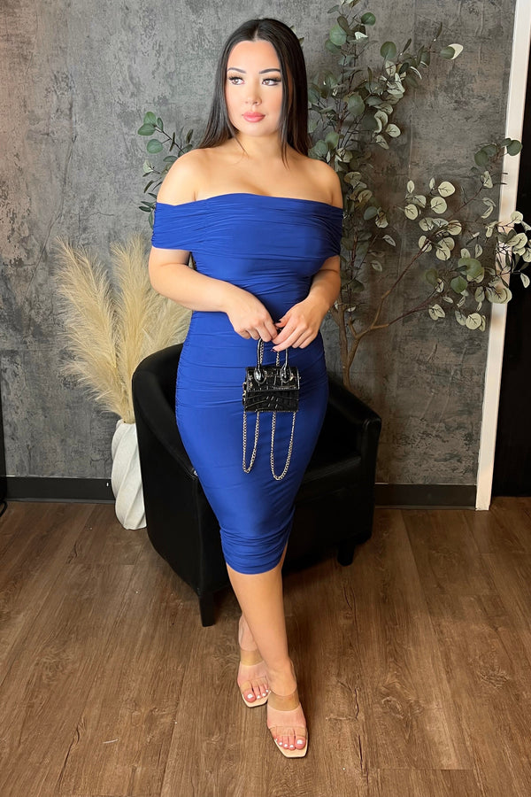 Ruched Off-The Shoulder Midi Dress (Royal Blue)