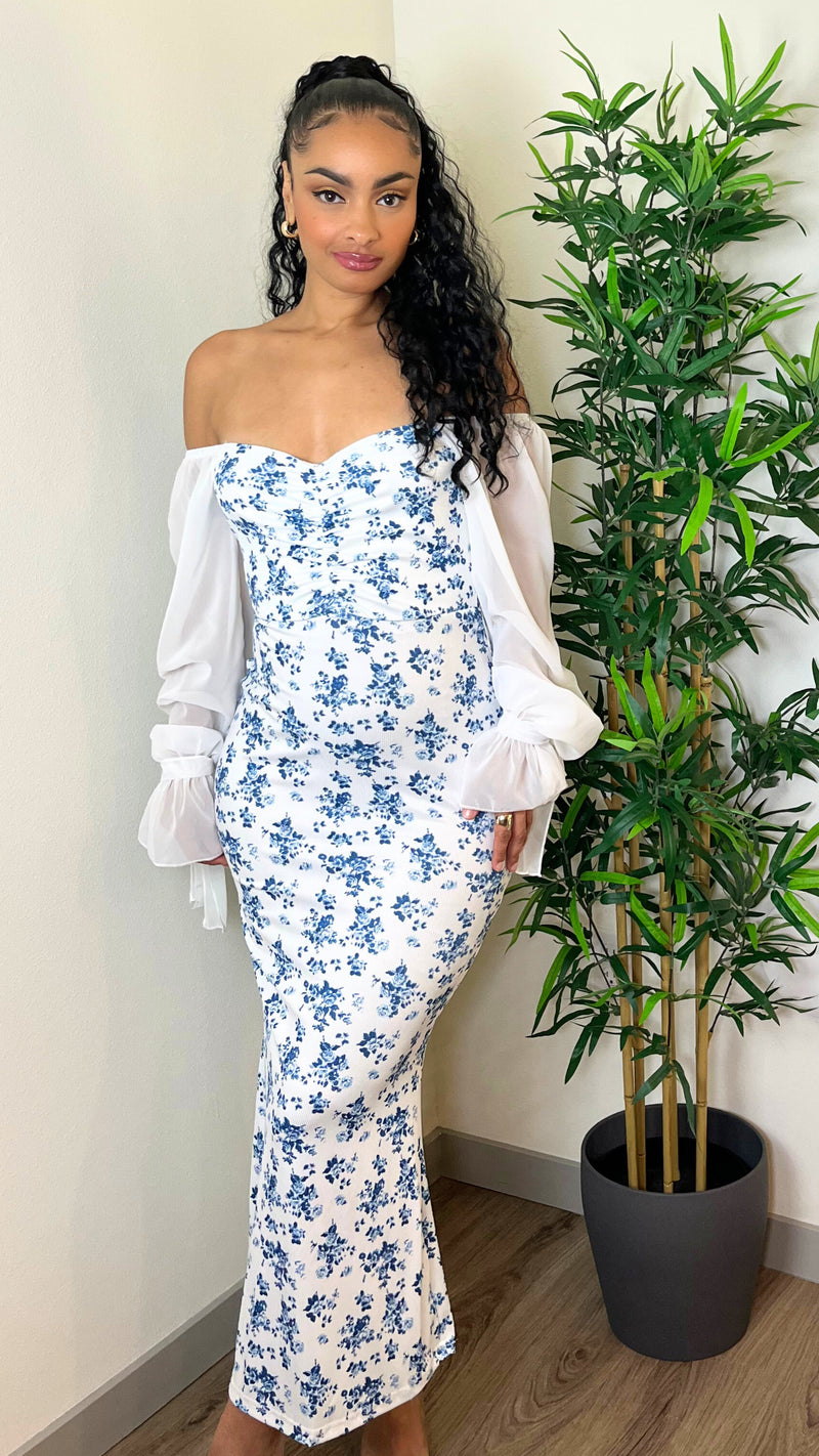 Sheer Sleeve Floral Midi Dress
