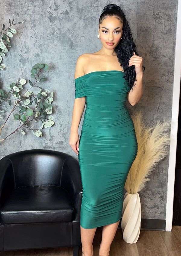 Ruched Off-The Shoulder Midi Dress (Green)