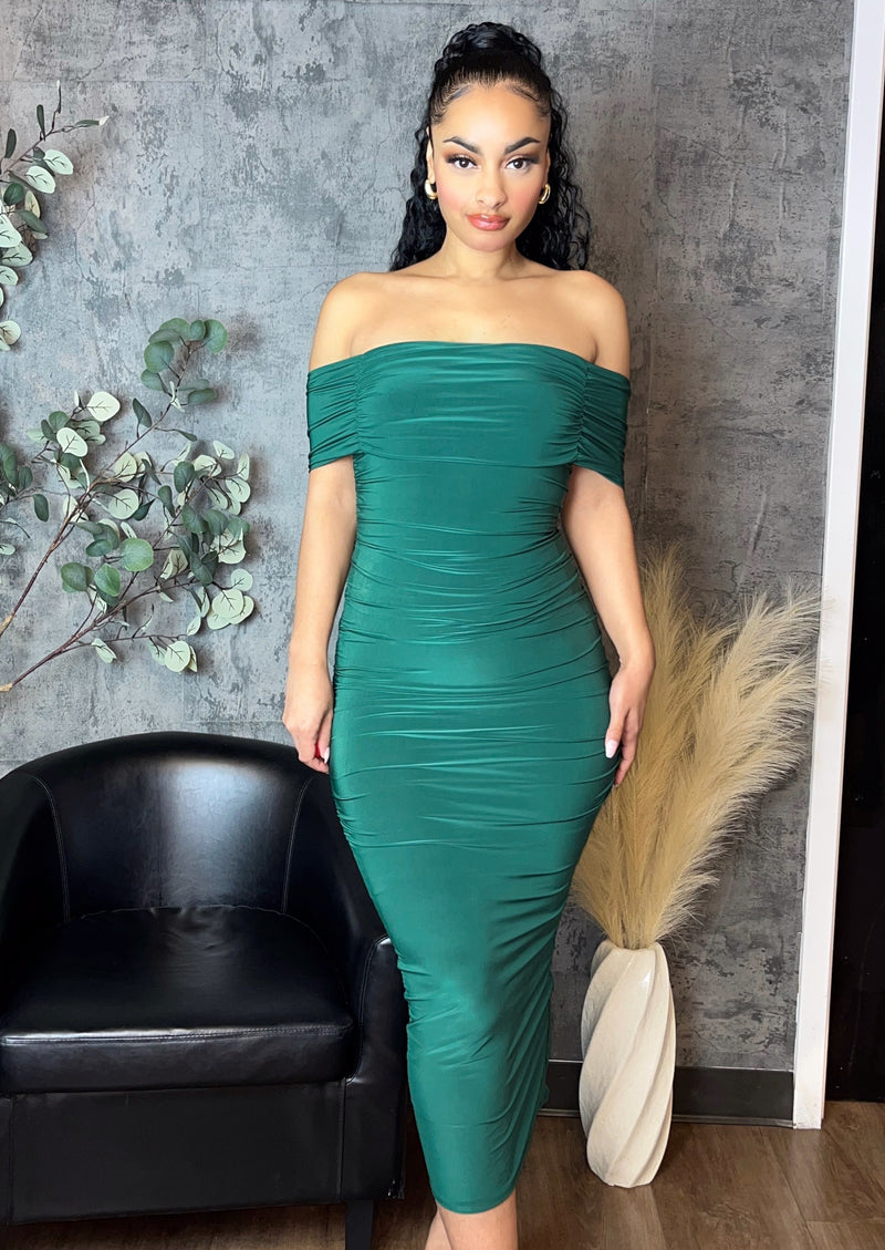Ruched Off-The Shoulder Midi Dress (Green)