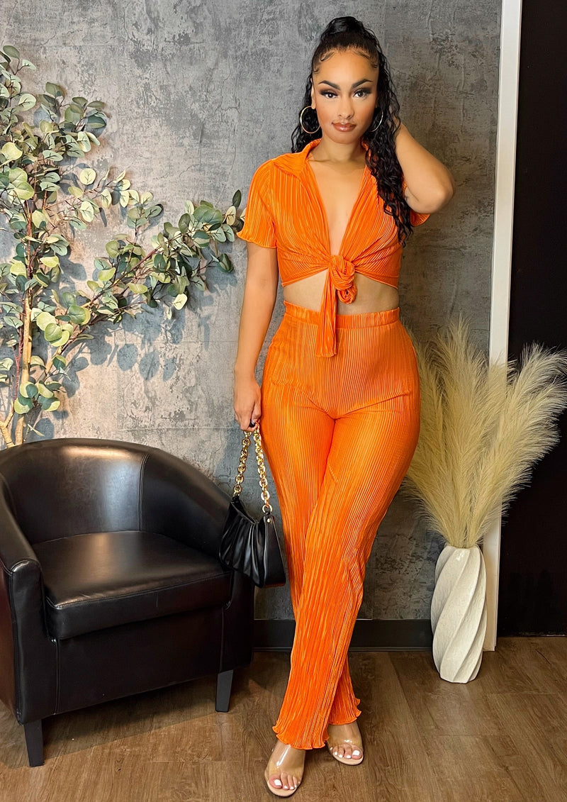Pleated Front-Tie Top & High-Waisted Pant Set (Orange)