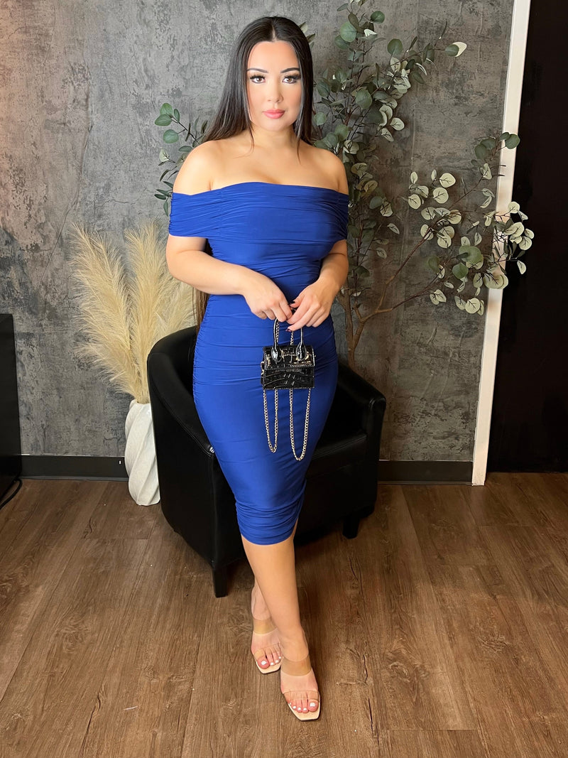 Ruched Off-The Shoulder Midi Dress (Royal Blue)