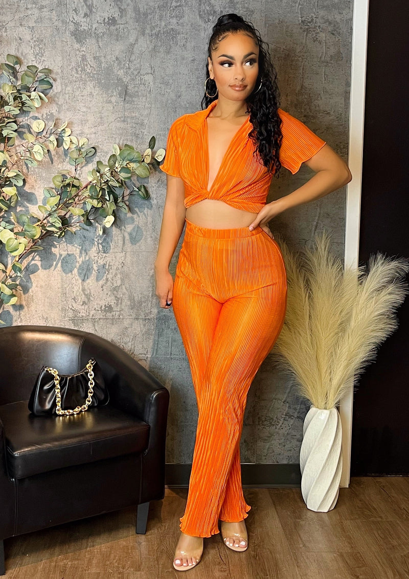 Pleated Front-Tie Top & High-Waisted Pant Set (Orange)