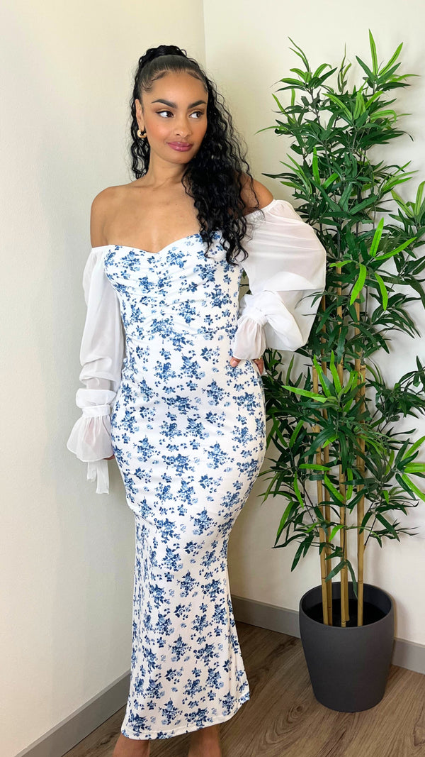 Sheer Sleeve Floral Midi Dress