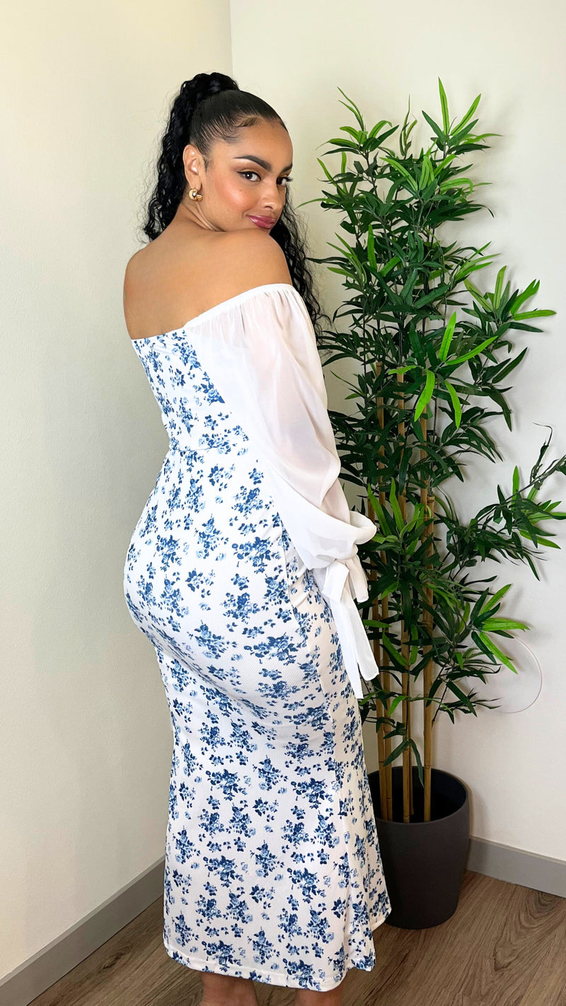 Sheer Sleeve Floral Midi Dress