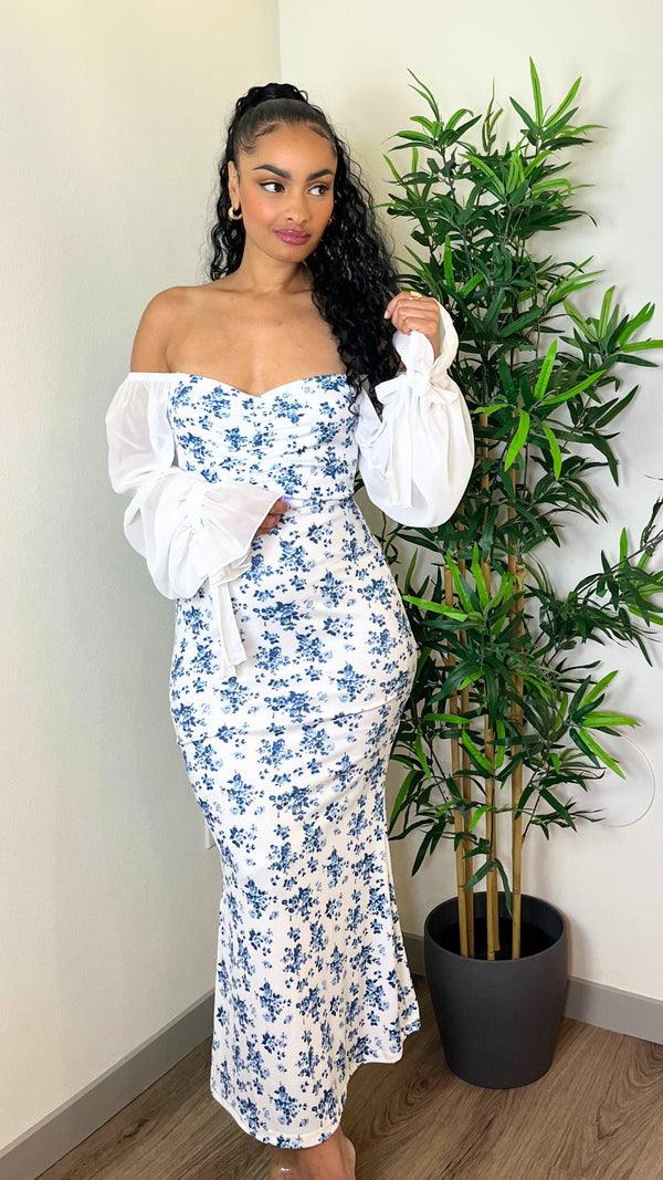 Sheer Sleeve Floral Midi Dress