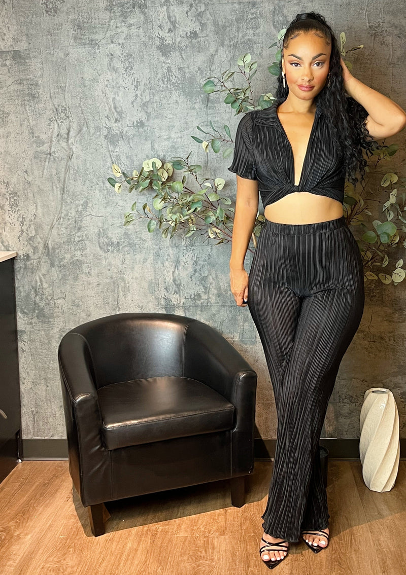 Pleated Front-Tie Top & High-Waisted Pant (Black)