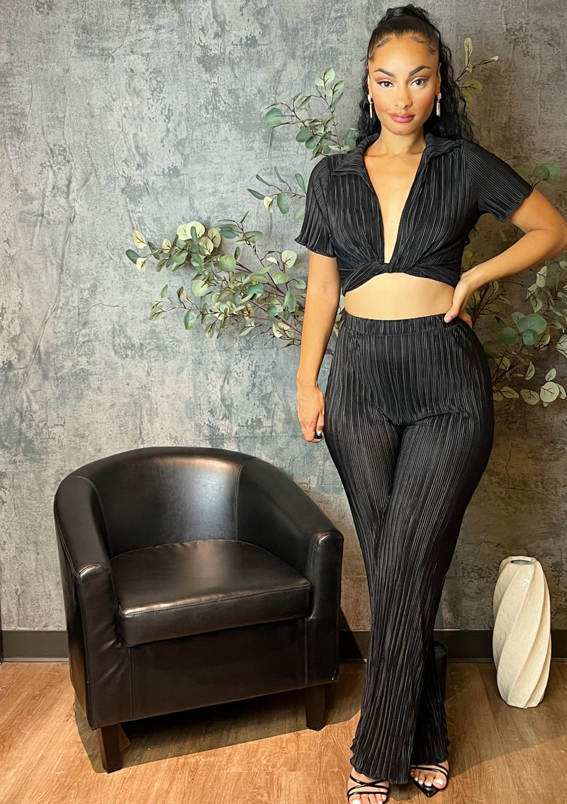 Pleated Front-Tie Top & High-Waisted Pant (Black)