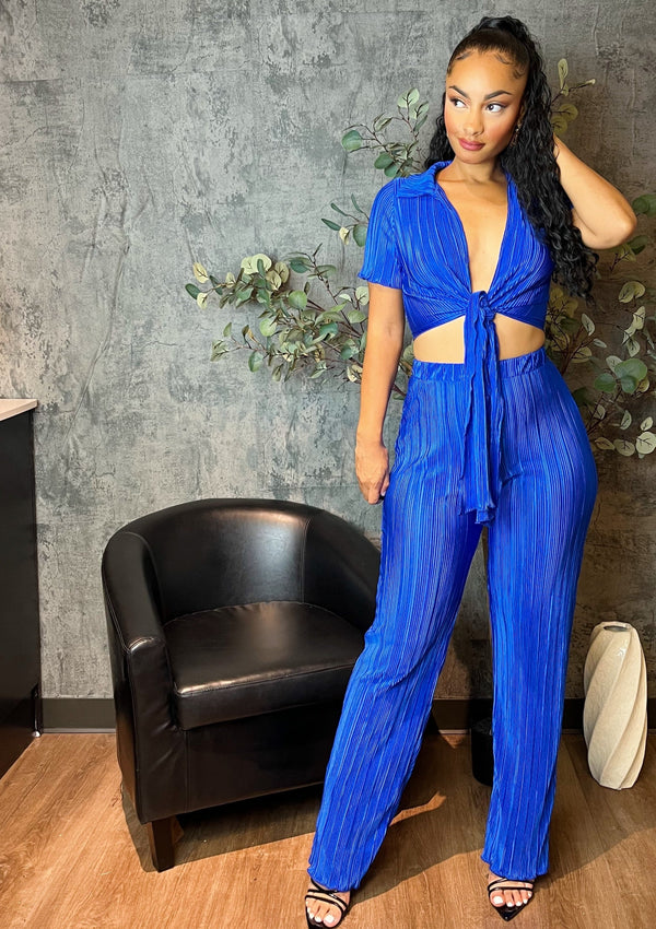 Pleated Front-Tie Top & High-Waisted Pant (Royal Blue)