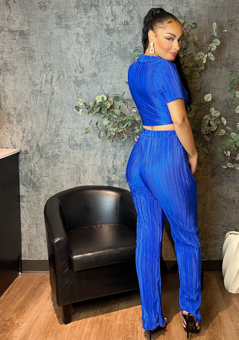 Pleated Front-Tie Top & High-Waisted Pant (Royal Blue)