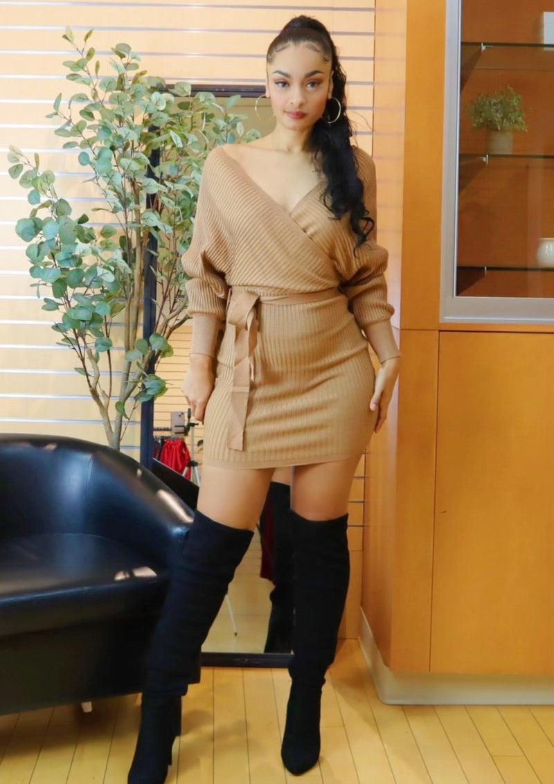 Camel Knit Sweater Mini Dress
