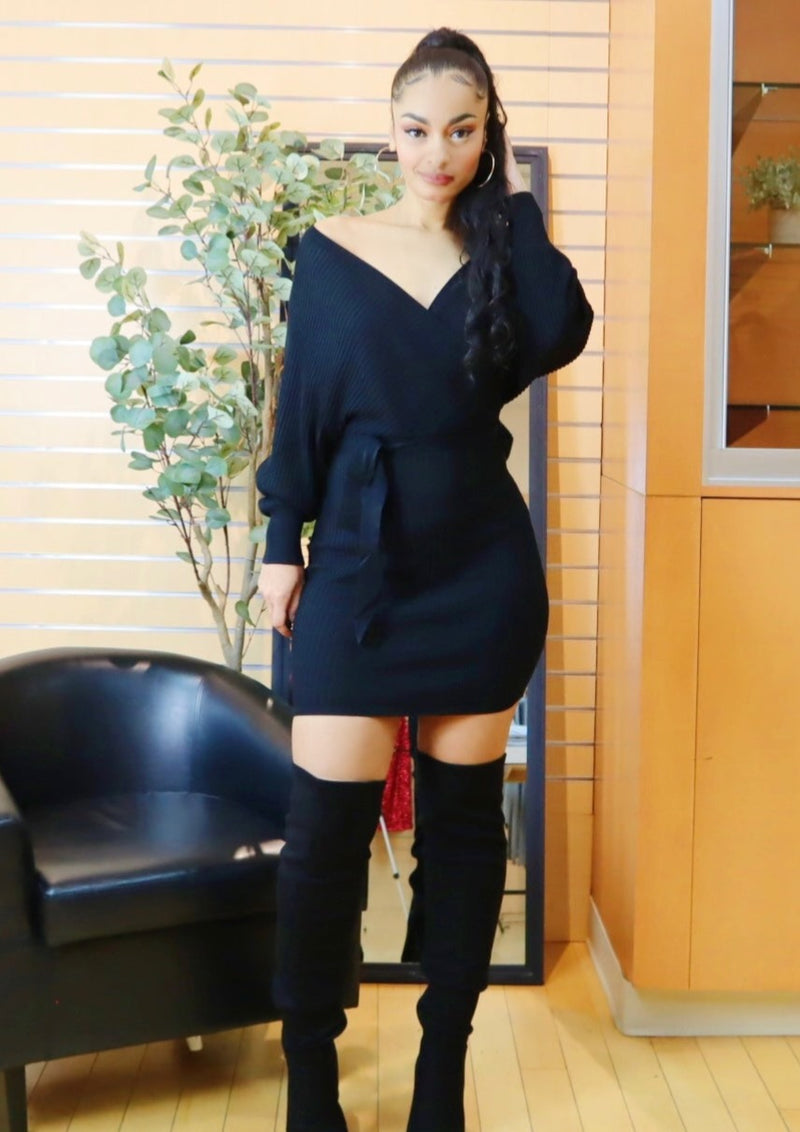 Knit Sweater Mini Dress (Black)