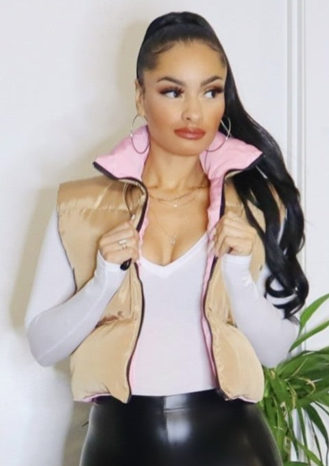 Natalia Cozy Puffer Vest (Beige/Pink)