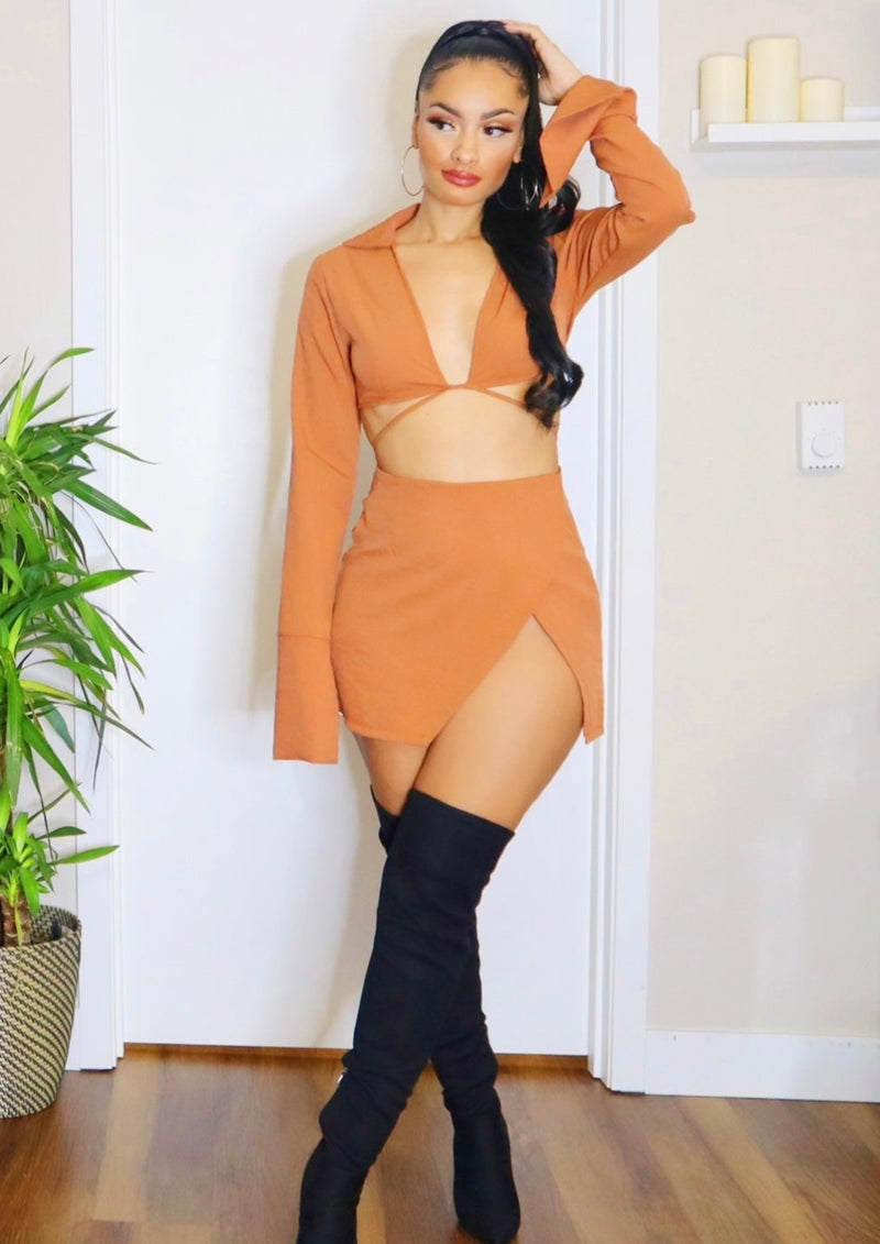 Jessica Cropped Top Skirt Set (Rust)