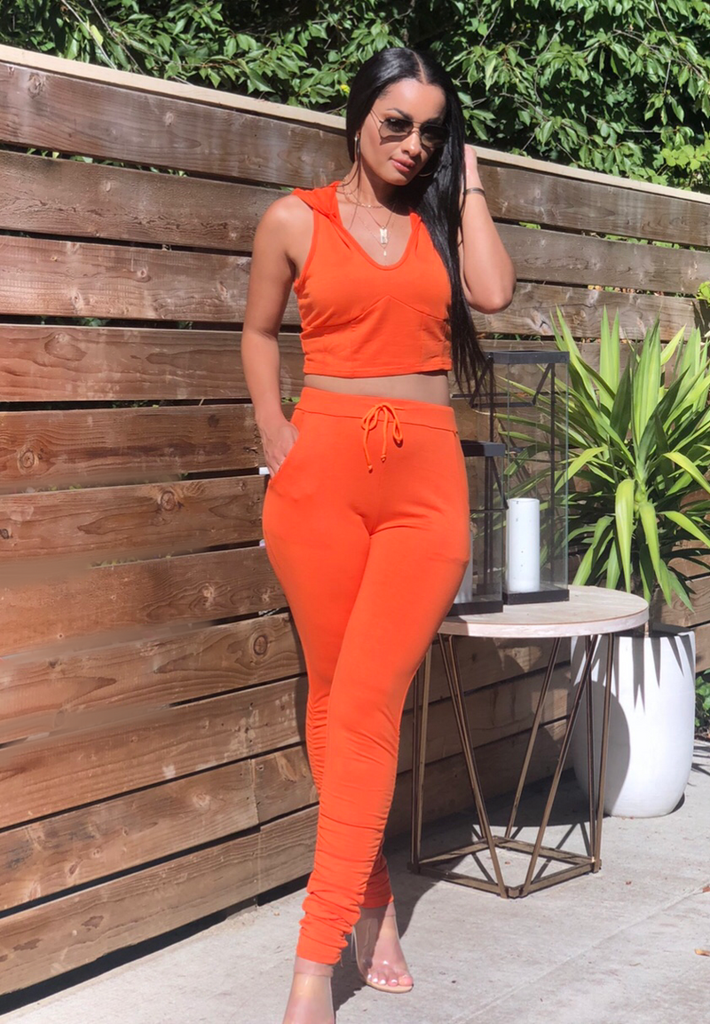 Orange Cropped Hoodie Pant Set
