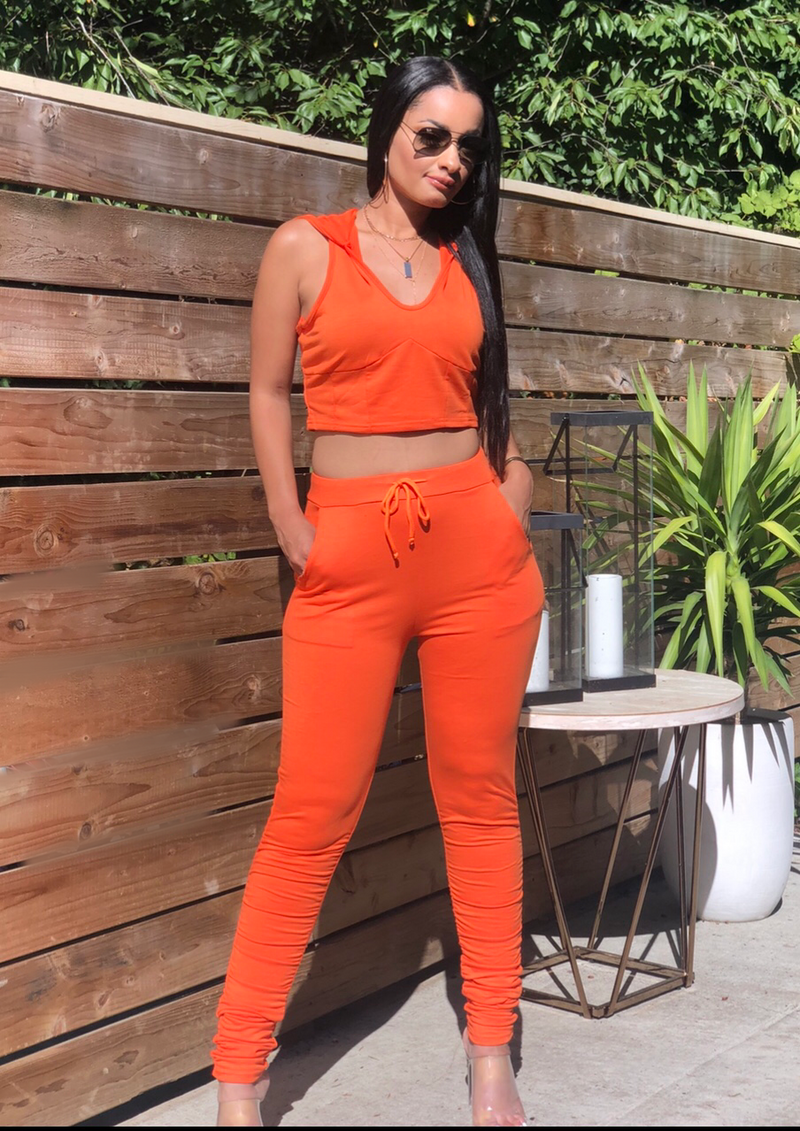 Orange Cropped Hoodie Pant Set